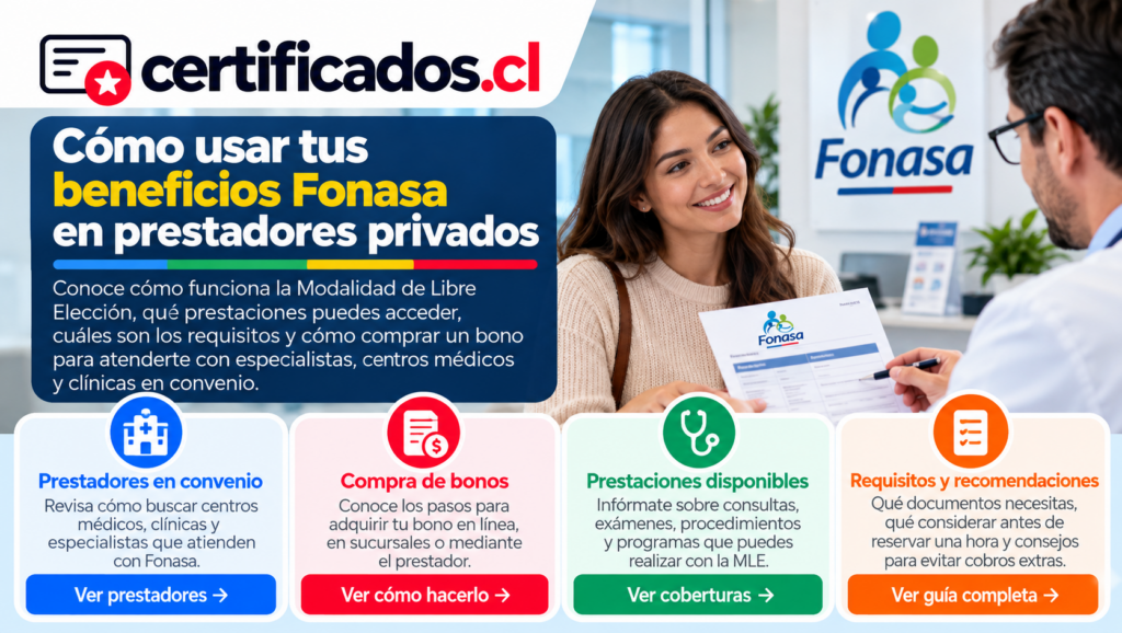 Guía visual sobre beneficios Fonasa, prestadores en convenio, compra de bonos y prestaciones de la Modalidad de Libre Elección.