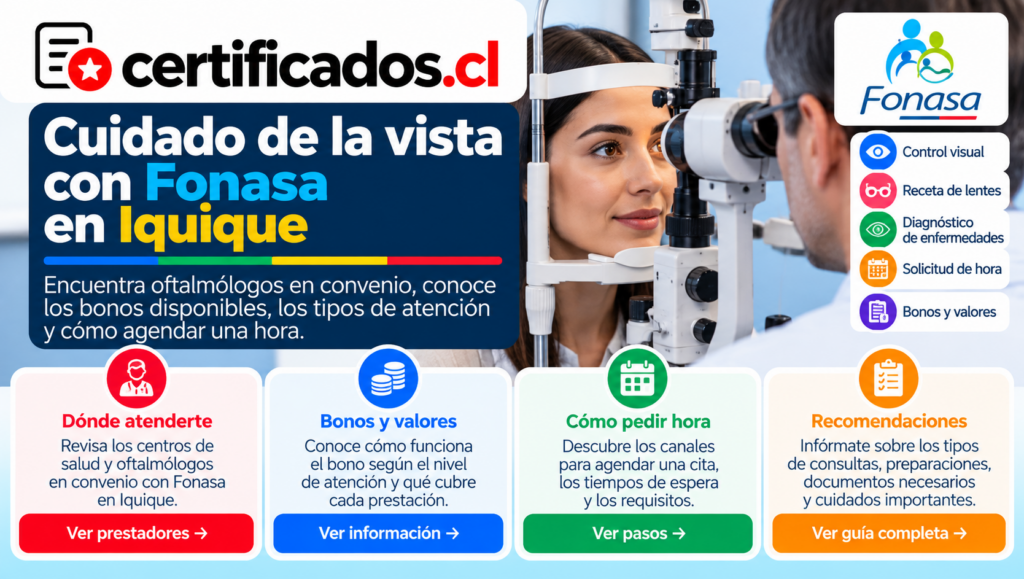 Atención oftalmológica con Fonasa en Iquique, con información sobre bonos, valores, horas médicas y prestadores en convenio.