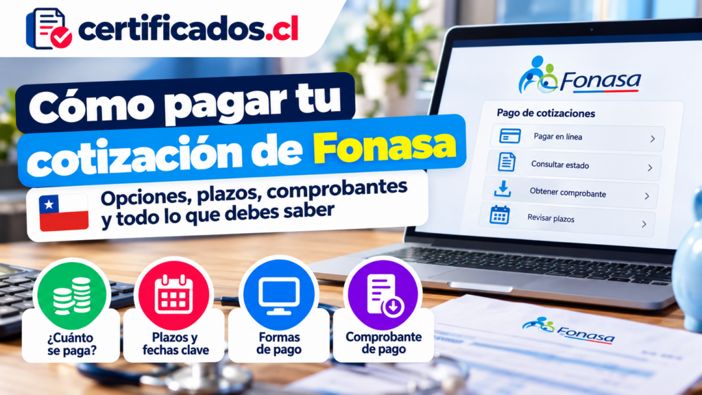 Guía visual para pagar cotizaciones de Fonasa en Chile con opciones de pago, plazos y comprobante