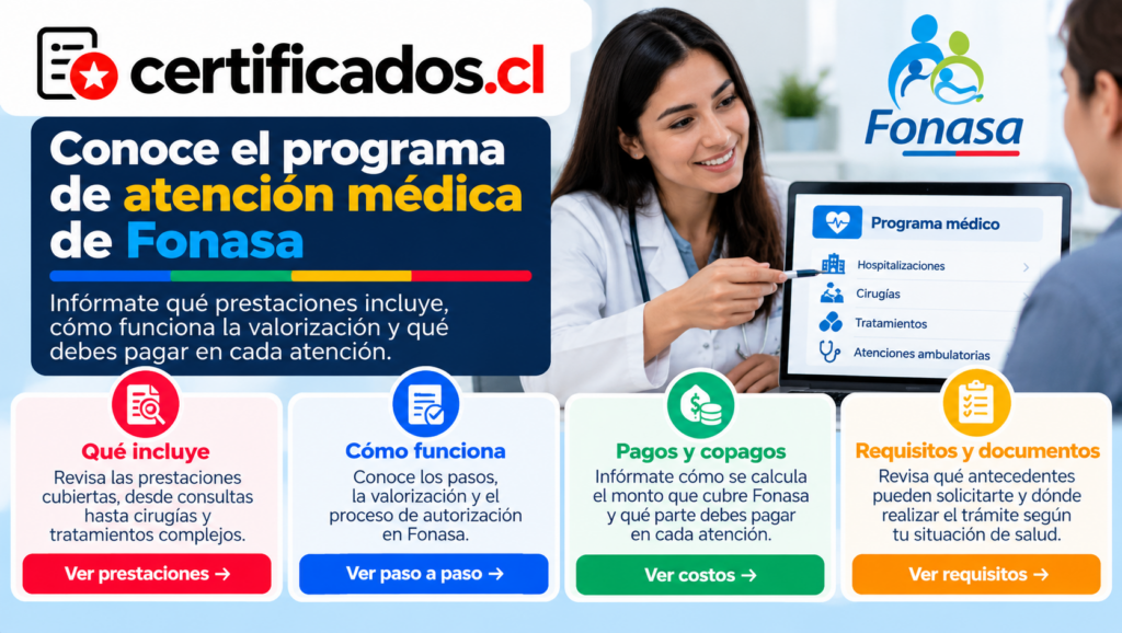 Programa de atención médica de Fonasa con información sobre prestaciones, copagos y requisitos en Chile