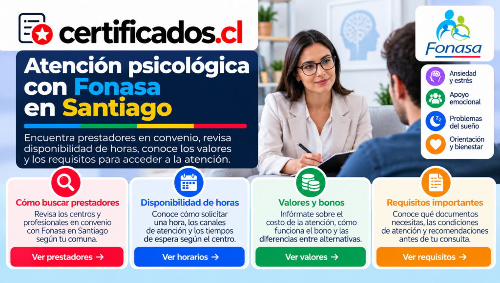 Psicología con Fonasa en Santiago: prestadores en convenio, horas disponibles, valores, bonos y requisitos de atención.