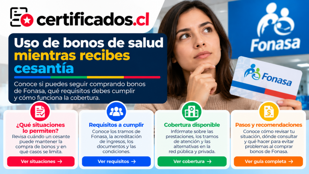 Guía visual sobre bonos de Fonasa durante la cesantía, requisitos, cobertura disponible y pasos para acceder a las prestaciones de salud.