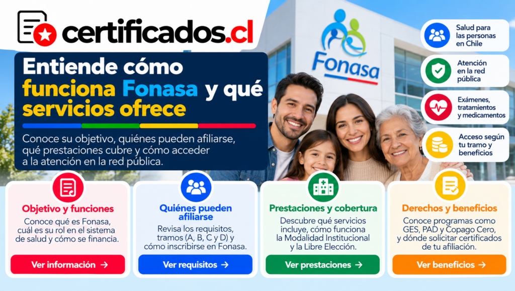 Guía visual sobre Fonasa, afiliación, cobertura y beneficios de salud en Chile.
