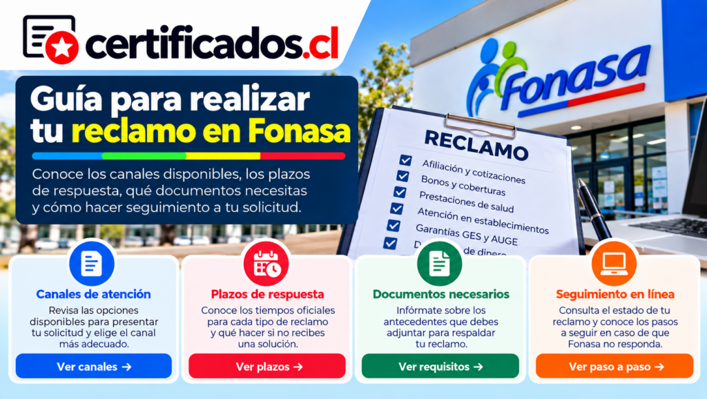 Guía visual para presentar un reclamo ante Fonasa, con información sobre canales de atención, plazos, documentos y seguimiento.