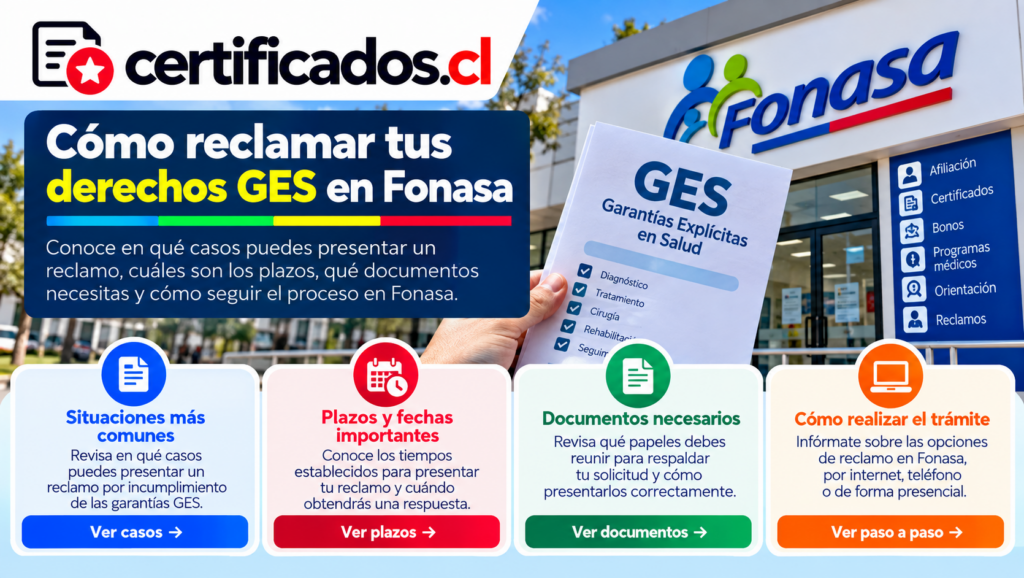 Guía visual sobre derechos GES en Fonasa, situaciones de reclamo, plazos, documentos y pasos para presentar una solicitud.