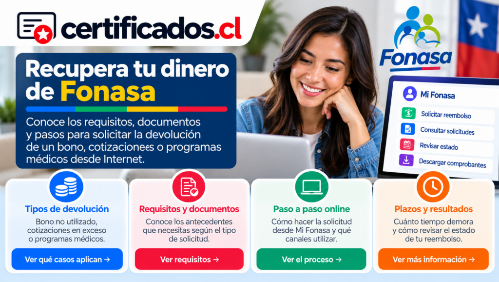 Mujer realizando una solicitud de devolución de dinero de Fonasa desde un computador, con información sobre documentos y pasos en línea.