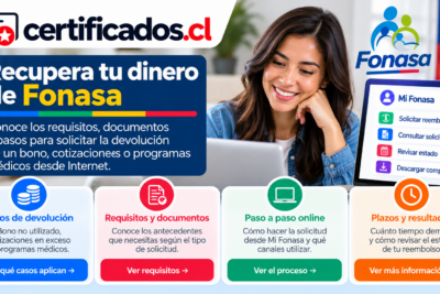 Mujer realizando una solicitud de devolución de dinero de Fonasa desde un computador, con información sobre documentos y pasos en línea.