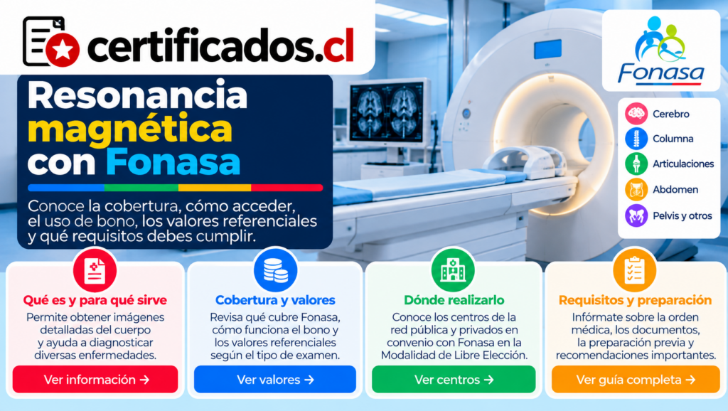 resonancia magnética para afiliados a Fonasa, con datos sobre cobertura, valores referenciales, centros de atención, requisitos y preparación.