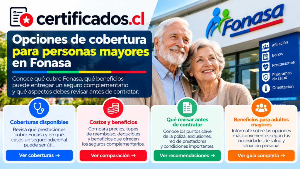 Guía visual sobre coberturas de salud, beneficios y aspectos que deben revisar las personas mayores antes de contratar un seguro complementario en Chile.