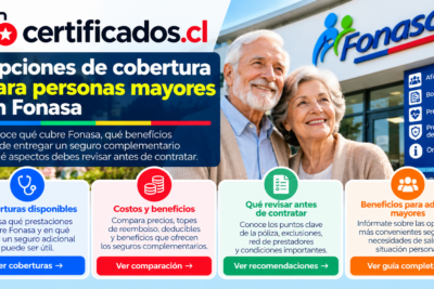 Guía visual sobre coberturas de salud, beneficios y aspectos que deben revisar las personas mayores antes de contratar un seguro complementario en Chile.