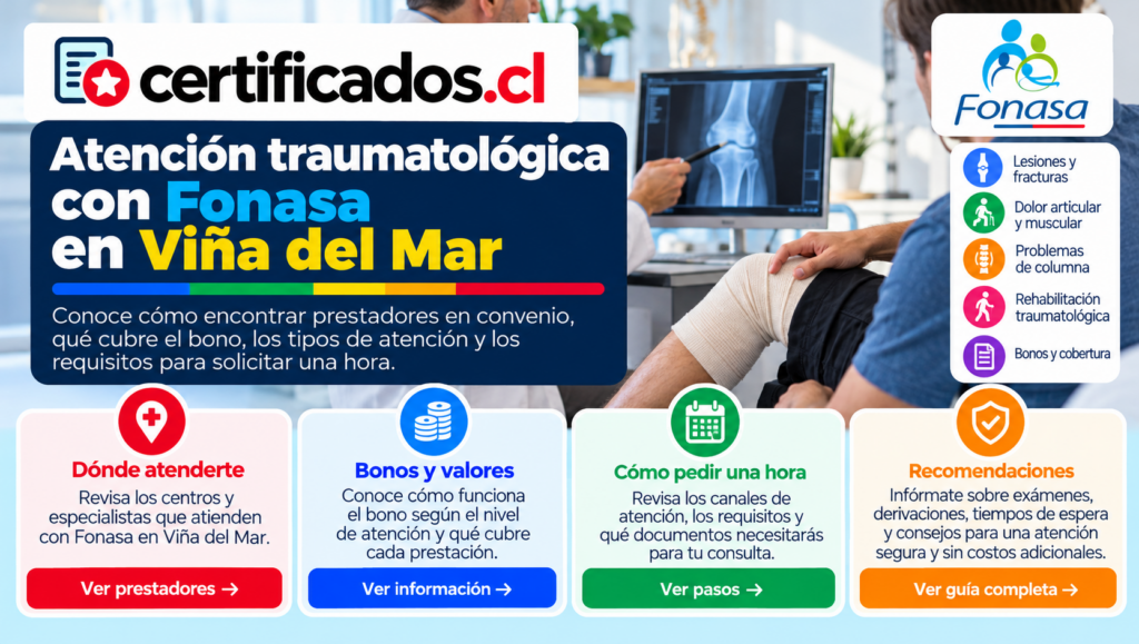 Atención traumatológica con Fonasa en Viña del Mar, con información sobre bonos, prestadores, coberturas y solicitud de horas médicas.