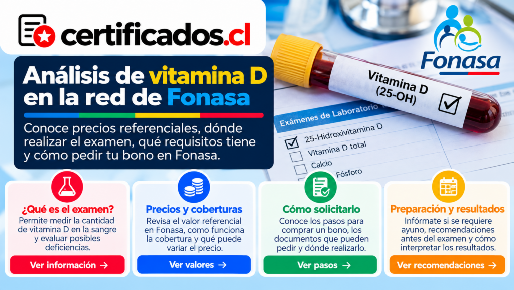 Análisis de vitamina D en sangre, cobertura de Fonasa, precios referenciales y pasos para solicitar atención en laboratorio.