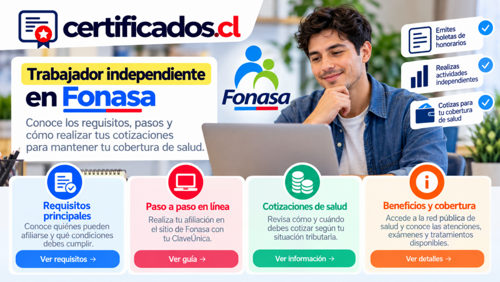 Guía visual sobre cotizaciones de salud para trabajadores independientes, requisitos de afiliación y cobertura en Fonasa.