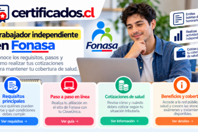 Guía visual sobre cotizaciones de salud para trabajadores independientes, requisitos de afiliación y cobertura en Fonasa.