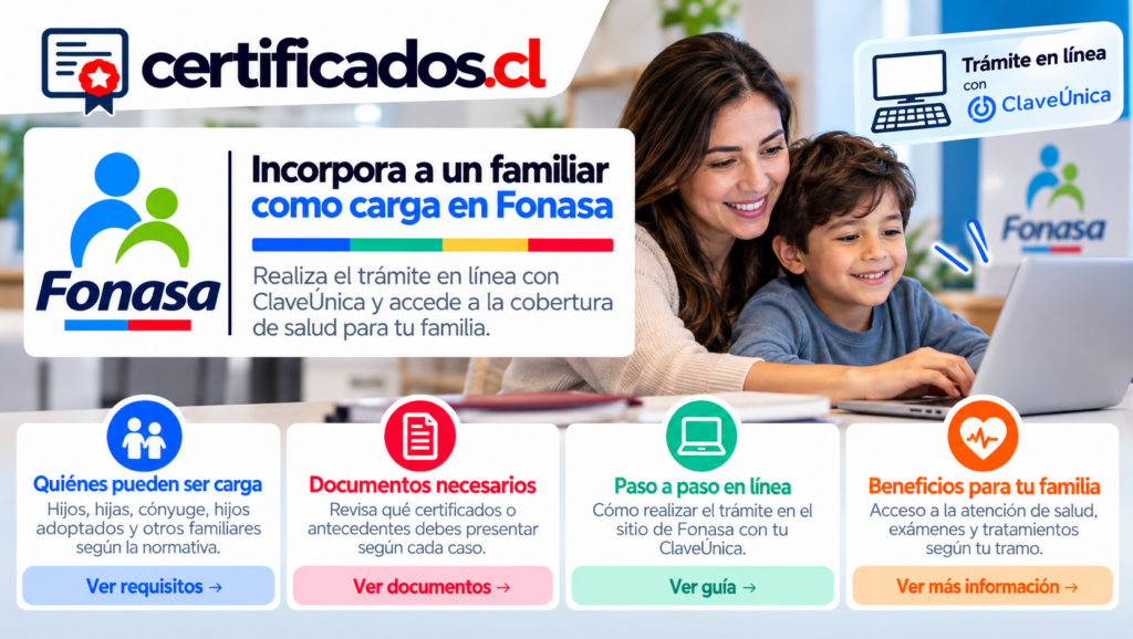 Guía para incorporar una carga familiar a Fonasa por Internet, con ClaveÚnica, documentos requeridos y beneficios de cobertura de salud.