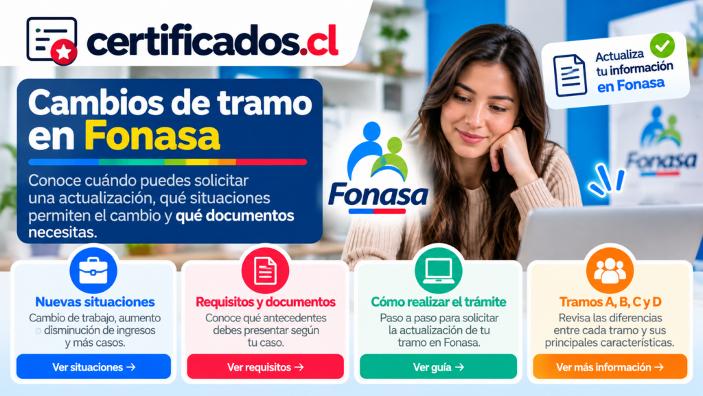 Guía visual sobre actualización de tramo en Fonasa, situaciones que pueden generar cambios, documentos necesarios y diferencias entre los tramos A, B, C y D.