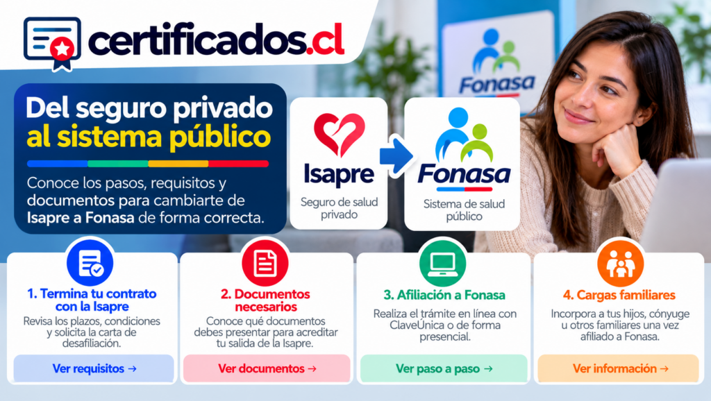Guía visual para pasar de una Isapre a Fonasa en Chile, con requisitos, documentos y pasos de afiliación al sistema público de salud.