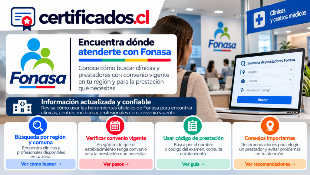 Buscador de clínicas y centros médicos con convenio Fonasa en Chile, con información para consultar prestadores por región y comuna.