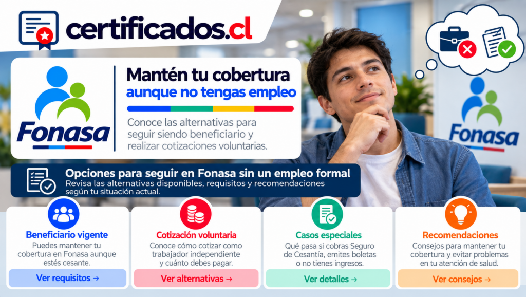 Opciones para mantener la cobertura de salud en Fonasa, realizar cotizaciones voluntarias y conocer los requisitos según la situación laboral.